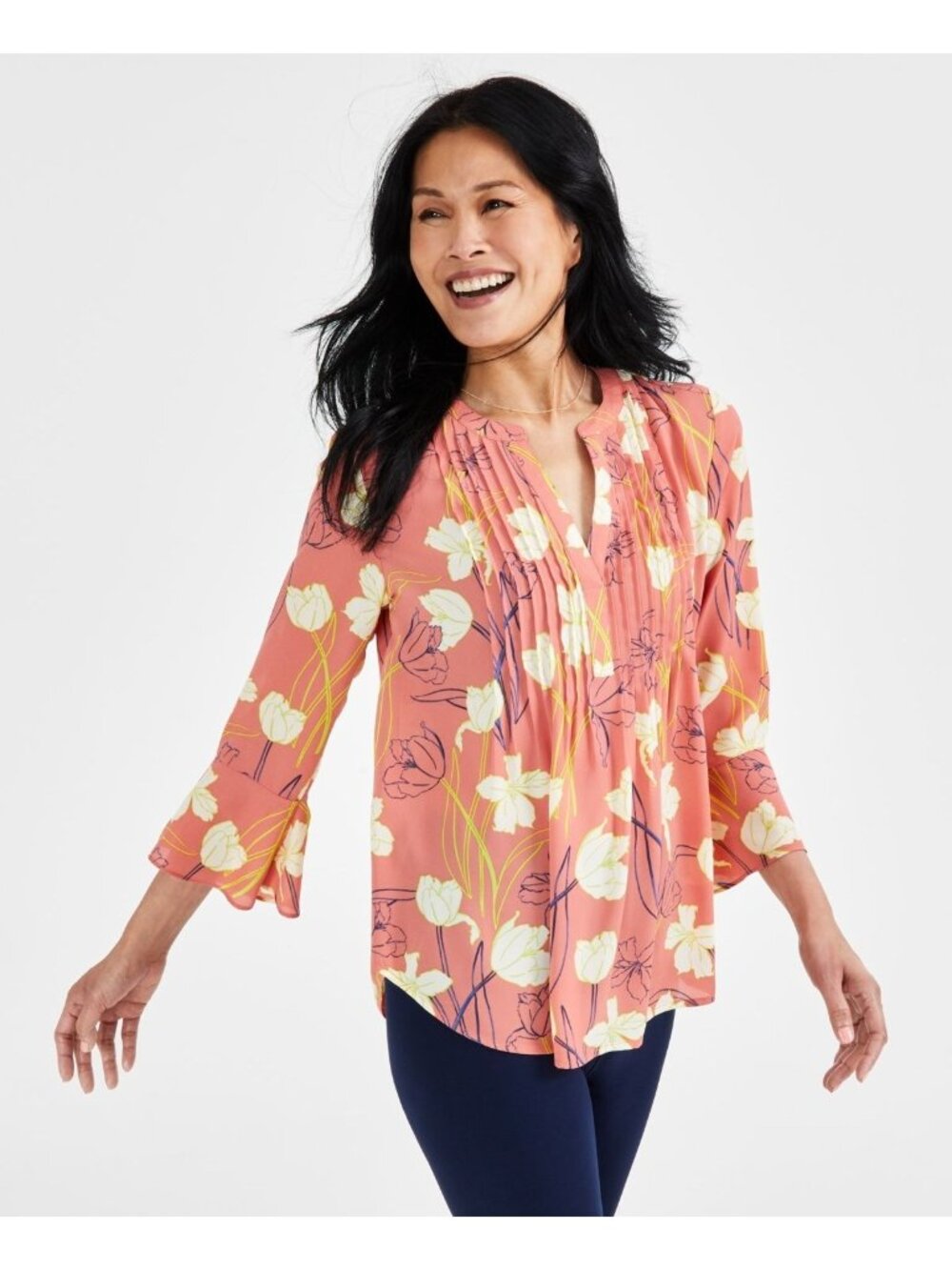 Style & Co Womens Printed Pintuck Ruffle Sleeve Top Tulip Coral Size M NWT
